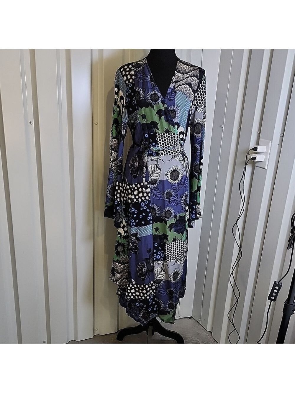 Dhruv Kapoor Floral Patchwork Wrap Maxi Dress - Blue, Green, Black Large